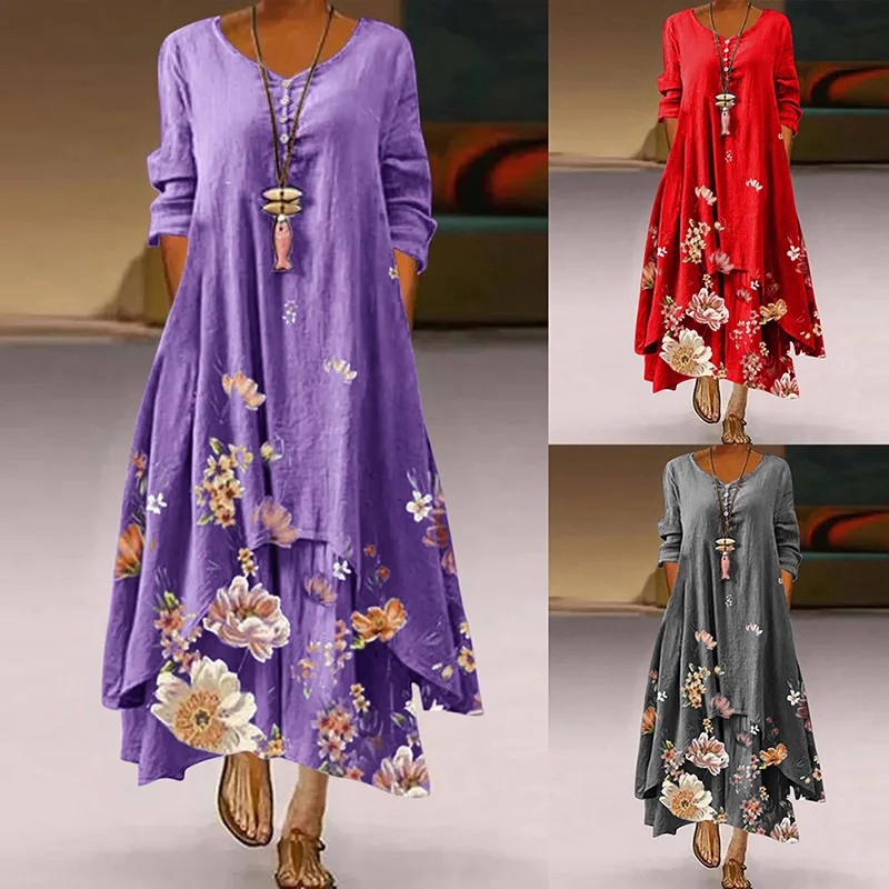 

Plus Size Cotton Kaftan Casual Women's Dresses Vintage Flowers V Neck Long Sleeve Robe Vestidos Button White Maxi Autumn Dress
