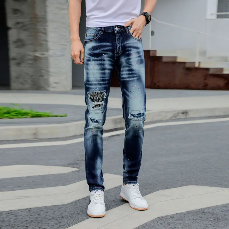 European American Streetwear Fashion Men Jeans Retro Blue Slim Fit Ripped Jeans Men Patches Designer Hip Hop Denim Punk Pants