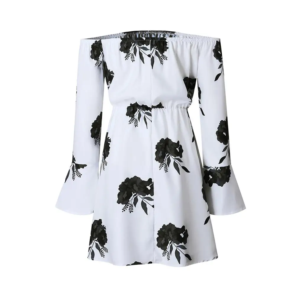 Женское мини-платье с открытыми плечами длинным рукавом и цветочным принтом |