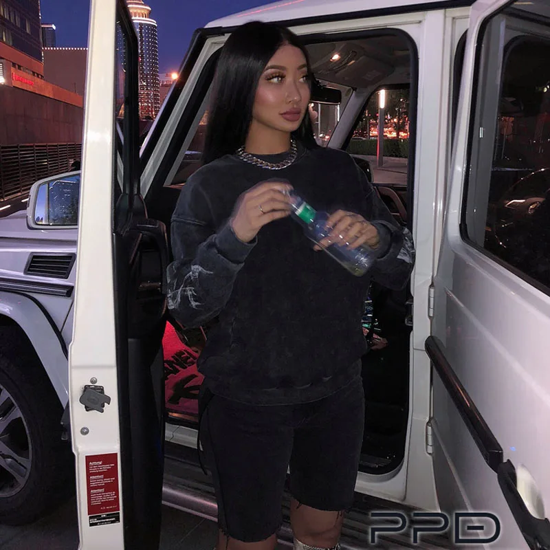 Уличный хлопковый свободный свитер с капюшоном 2 цвета | Женская одежда