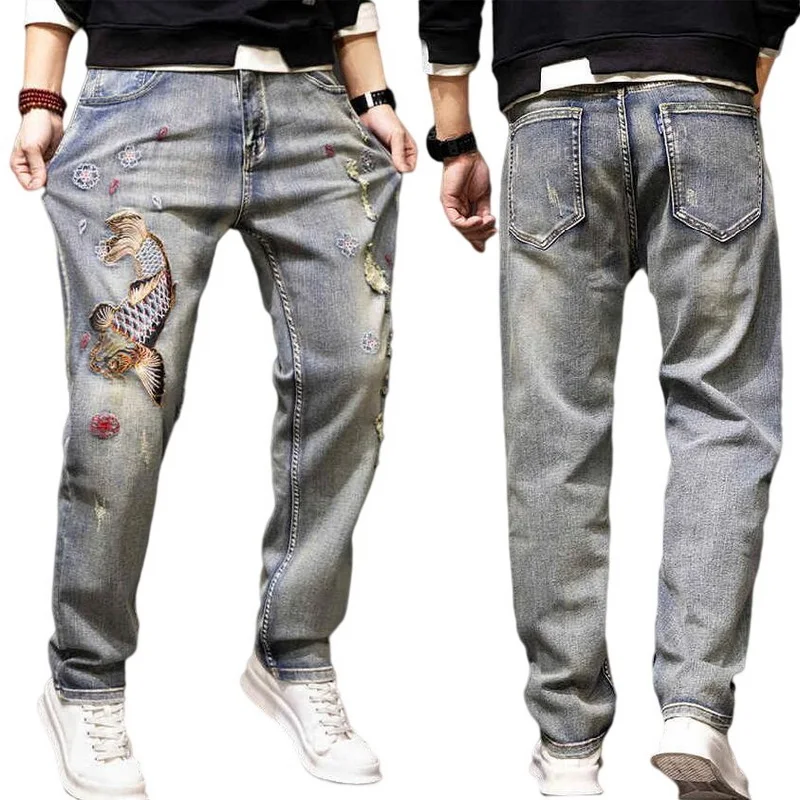 Brocade Carp Embroidered Jeans Men Straight Slim-Fit Distressed Washed Jeans Baggy Denim Pants Size 28-41