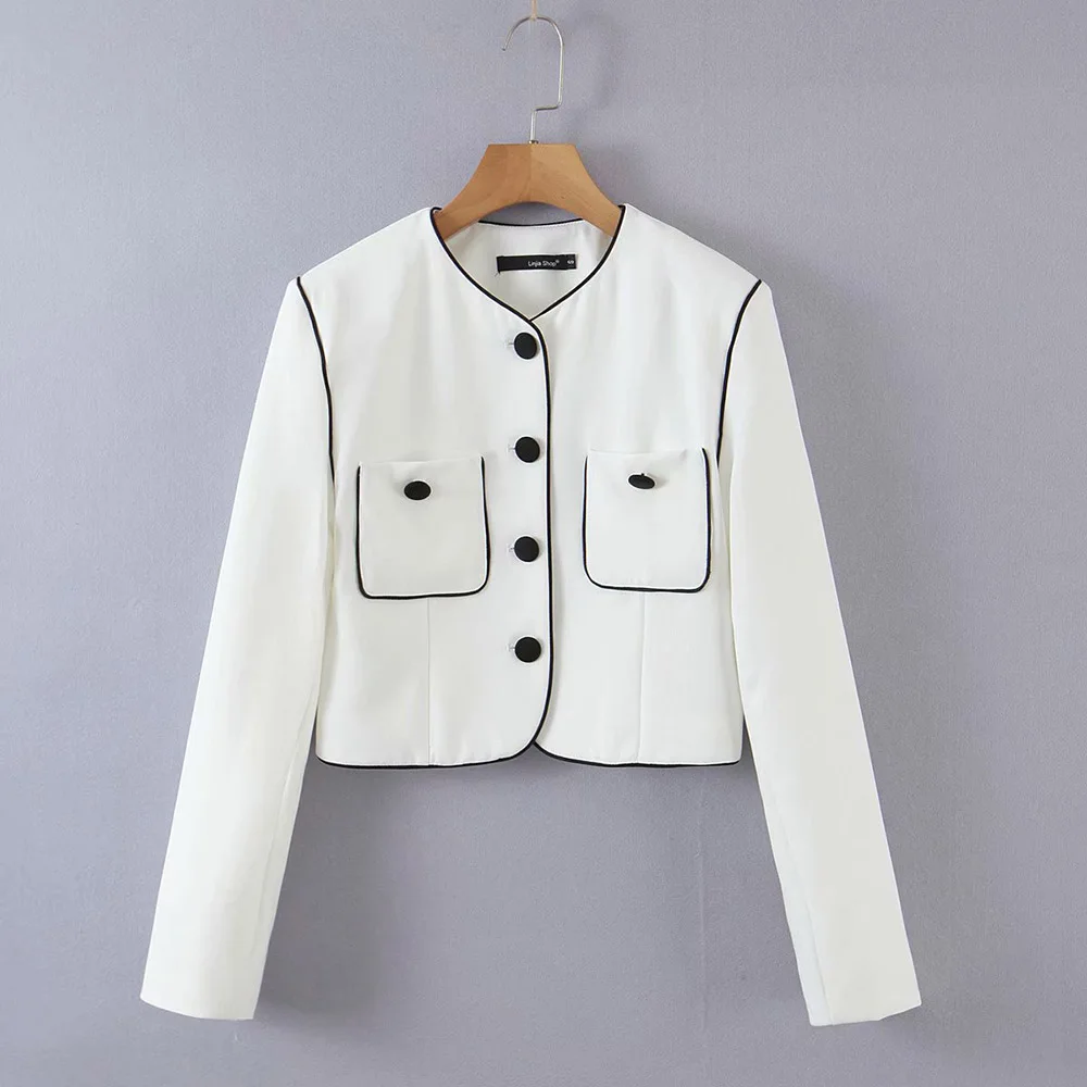 

Женская однобортная приталенная юбка с круглым вырезом, длинными рукавами и карманами