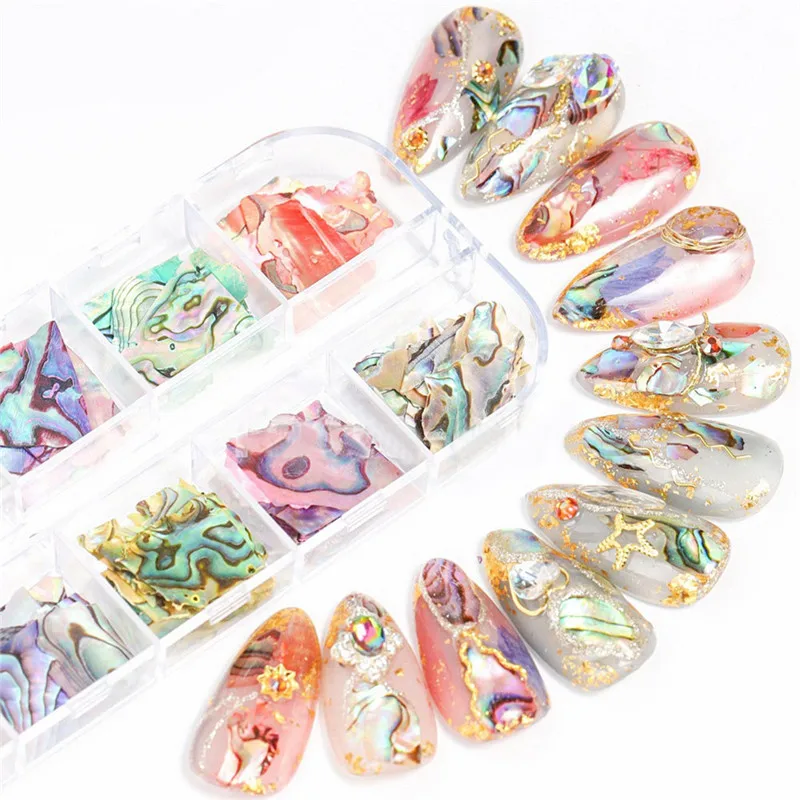 12 Grids/Pack Beauty Color-changing Abalone Natural Sea Shell Fragments Texture Nail Art Flakes Decoration Slice DIY Manicure | Красота и