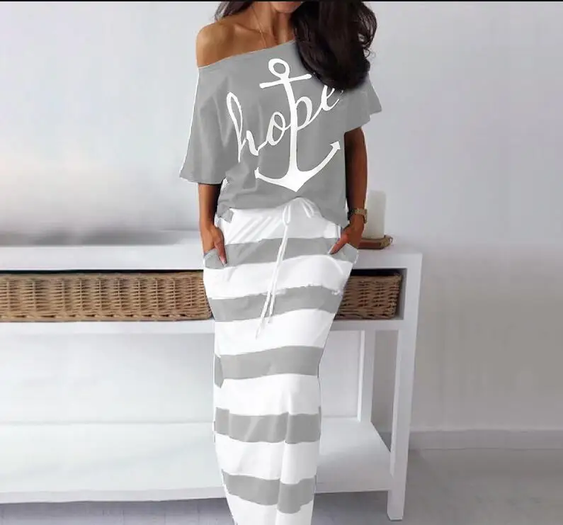 Casual style 2 piece skirt suit short sleeve loose top and striped long two set lady simple |