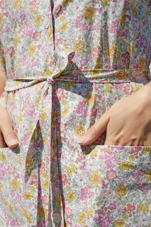 

Summer Women V-neck Dress Retro Floral print Single-breasted Sundress short sleeve Lady Sweet Knee-length Dress with sashes