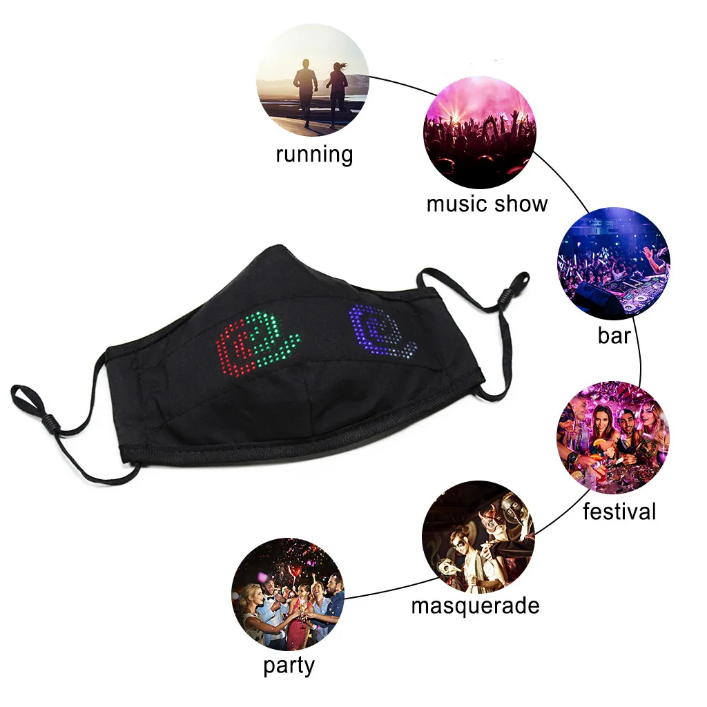 

1PCS headdress Masquerade Halloween LED Optical Fiber APP Luminous Mascarilla mascarilas Windproof Mouth Face maks Drop Ship New