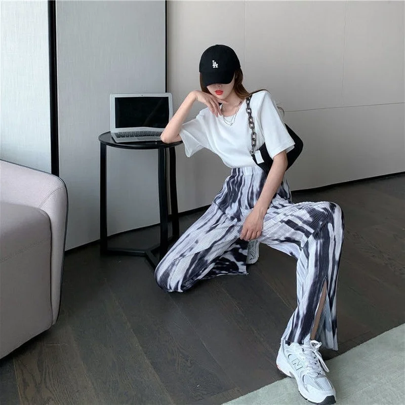 Длинные повседневные женские брюки плиссированные прямые с завязкой в Корейском