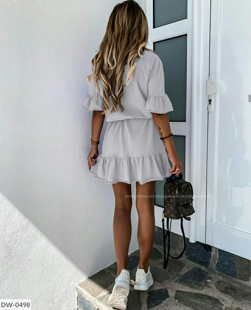 

2020 New Women Summer Dress V-neck Ruffles Short Sleeves A-line Ruffles Hem Sashes Party Dresses Mini Vestidos