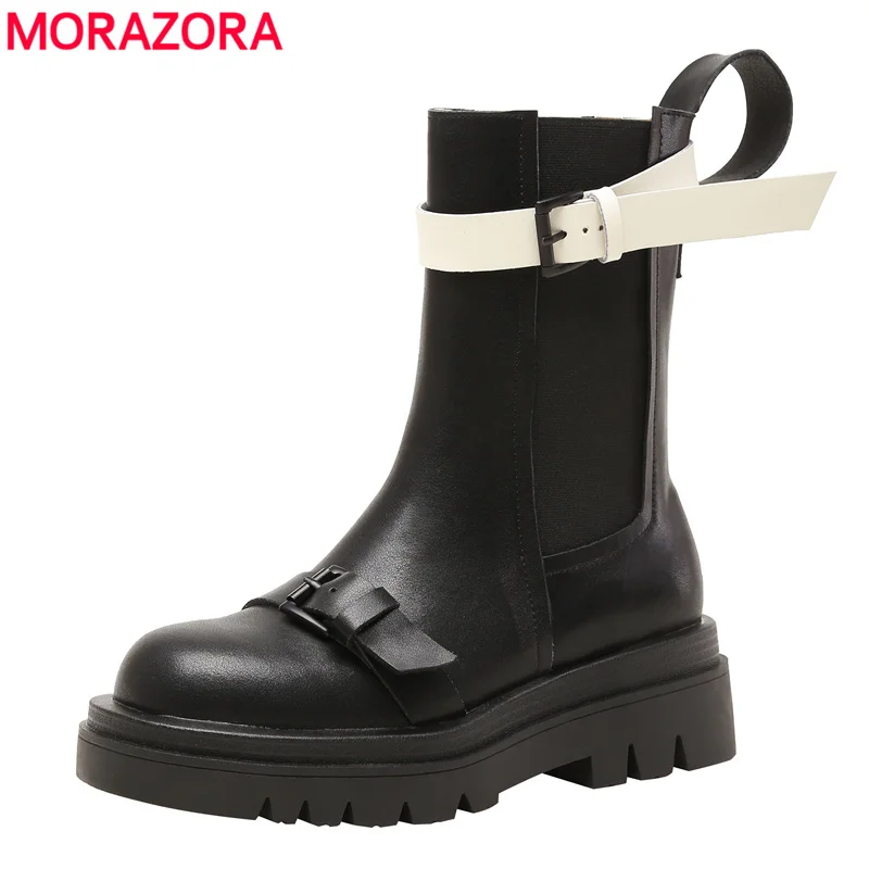 

MORAZORA 2022 Genuine Leather Boots Women Buckle Sqaure Heels Ankle Boots Women Shoes Autumn Winter Ladies Street Chelsea Boots