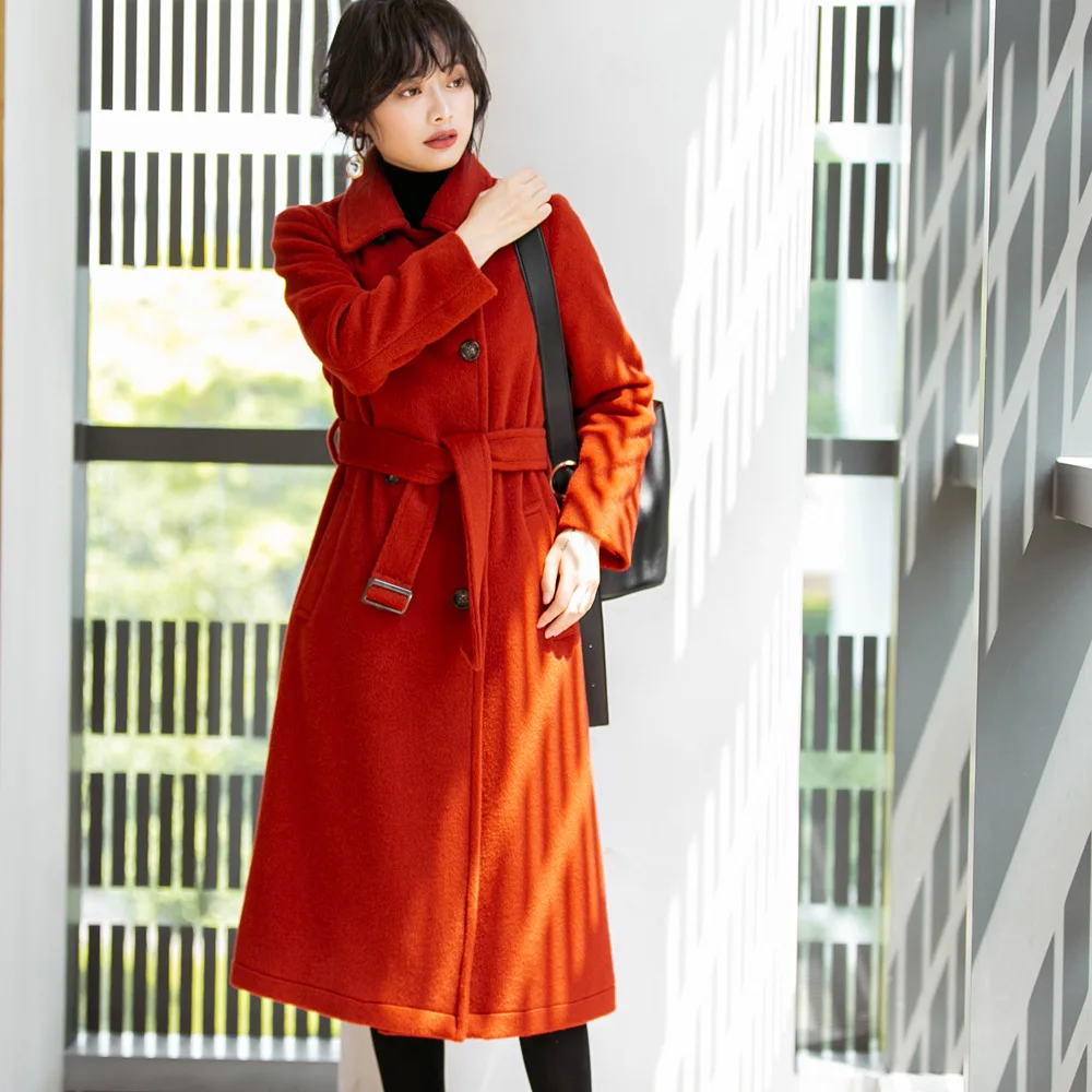 Зимнее длинное шерстяное пальто женские корейское двубортное Дизайнерские