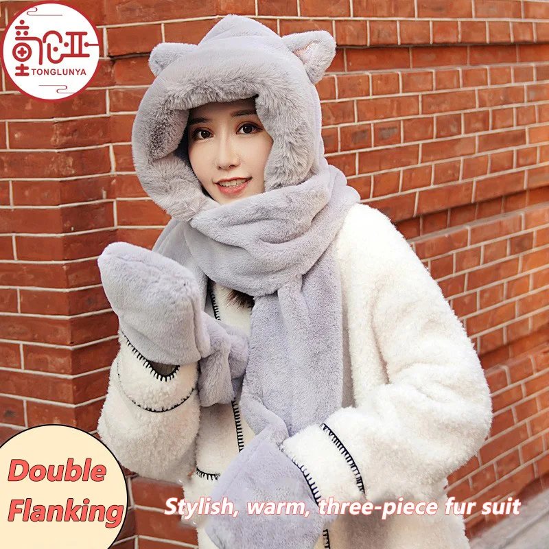 

2021 new autumn and winter hat, scarf, gloves, one piece, kitten ears and fleece warm three-piece set