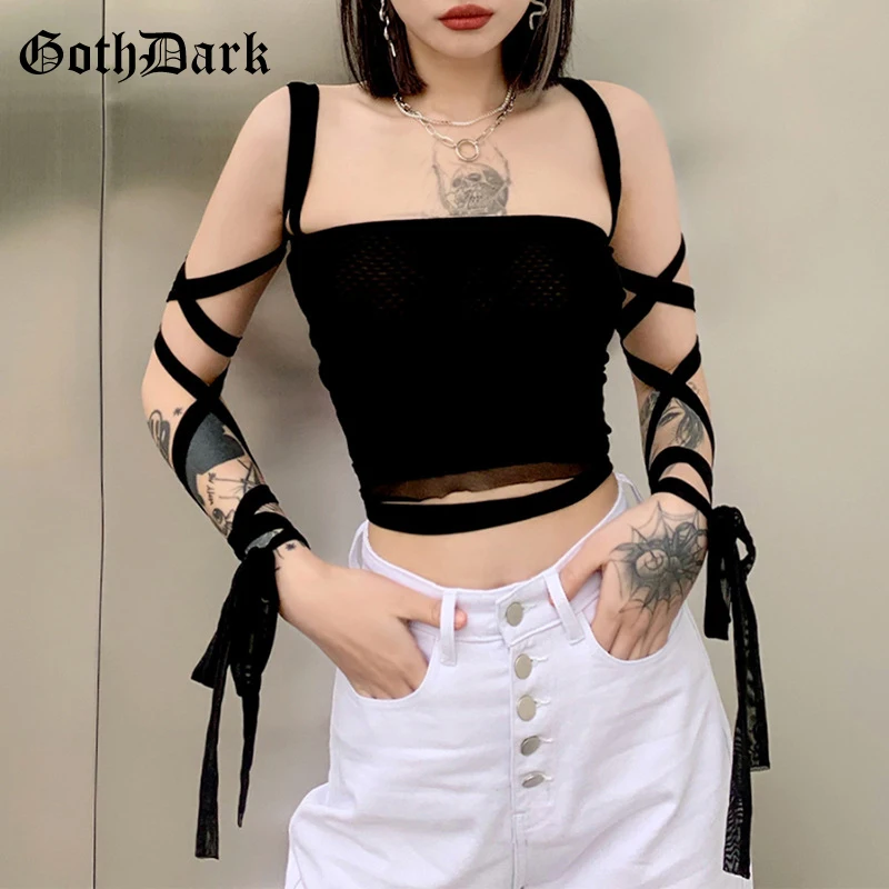 Goth Dark Y2k Gothic Punk Black Women Camis Lace Up Backless Bodycon Crop Tops Emo Alternative Clothes Fashion Summer Streetwear | Женская