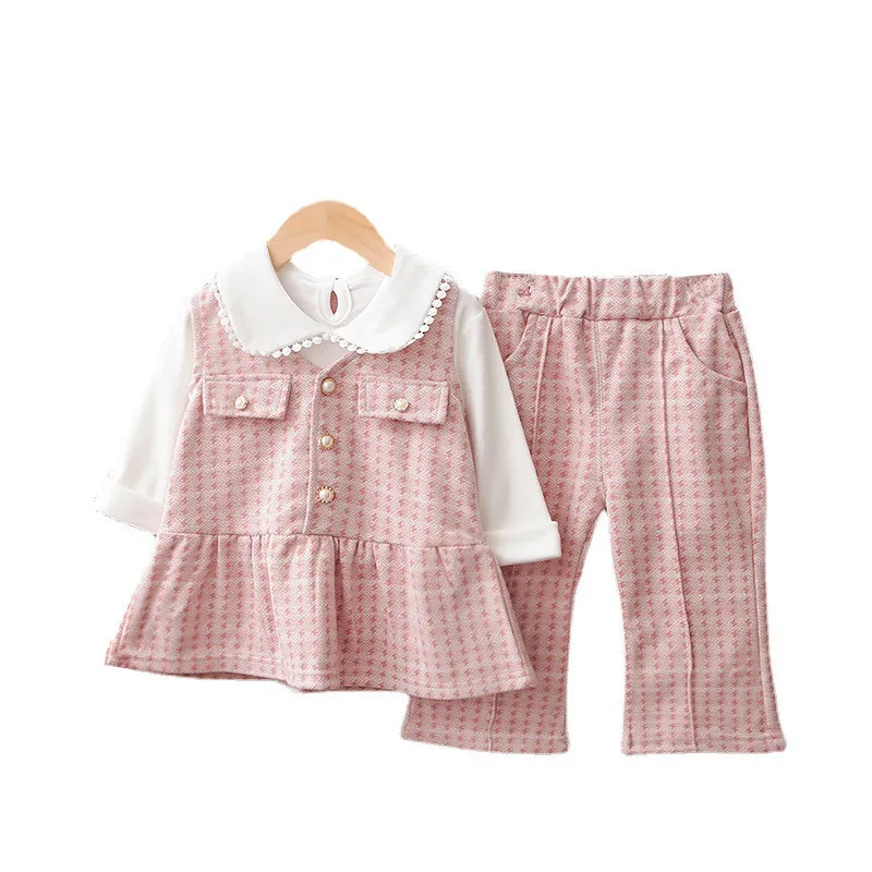 

New Spring Autumn Baby Girl Clothes Suit Cute Children Plaid Dress T-Shirt Pants 3Pcs/Sets Toddler Fashion Costume Kids Clothing