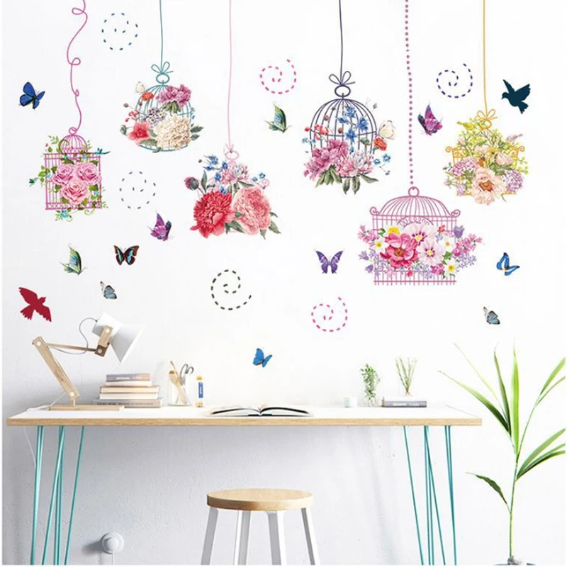 

Pastoral Style Butterfly Flower Bird Cage Wall sticker Living Room Bedroom Decoration Wallpaper Mural Removable Stickers
