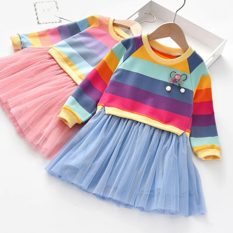 2021 Girls Spring and Autumn Dresses Children's Long Sleeve Striped Colorful Rainbow Princess Cute Party Dress for Kids | Детская