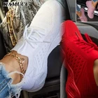 Кроссовки женские сетчатые на шнуровке, повседневная удобная обувь на танкетке, массивные, вулканизированная подошва, красные, белые