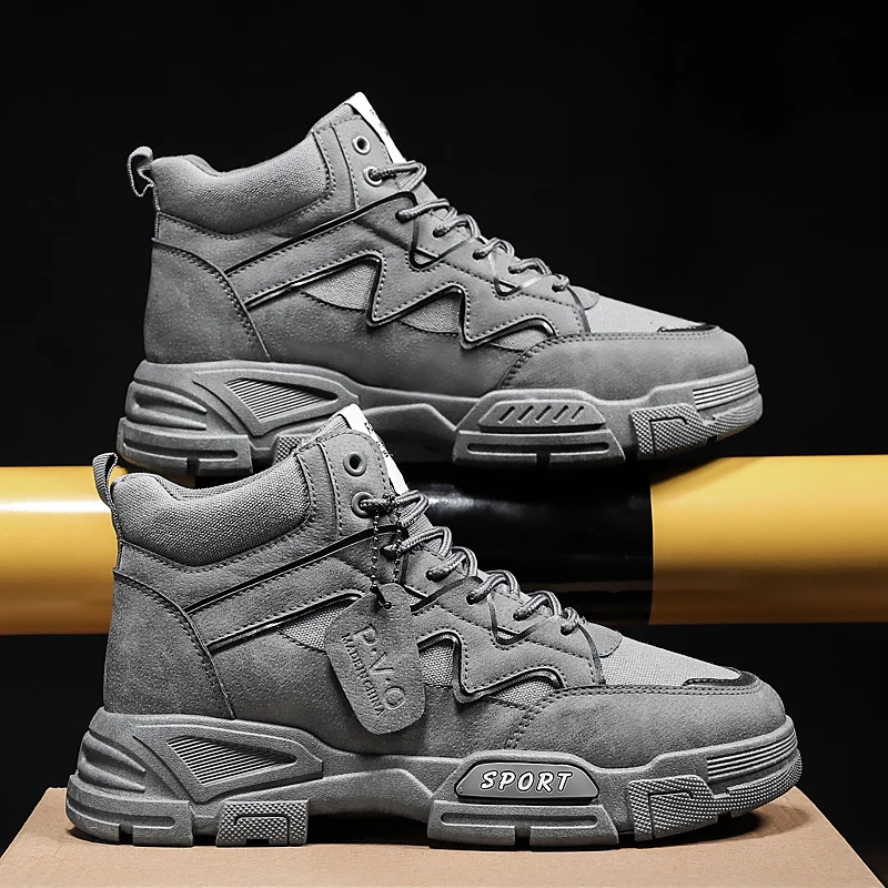 

2021 Autumn Men Boots Fashion Grey Color High Top Cheap PU Leather Lace Up Men's Desert Boots 39-44