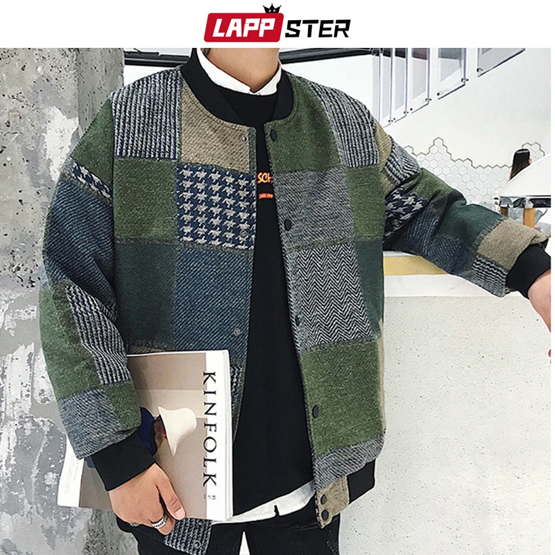 

Autumn Men Harajuku LAPPSTER Plaid Bomber Jackets 2021 Mens Japanese Streetwear Windbreaker Korean Fashions Baseball Jackets