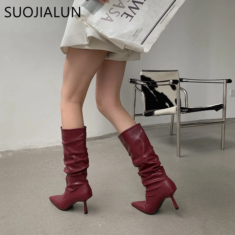 

SUOJIALUN 2022 Winter Women Knee-high Boots Shoes Fashion Brand Pleated Knight Boots Thin High Heel Pointed Toe Ladies Long Boot