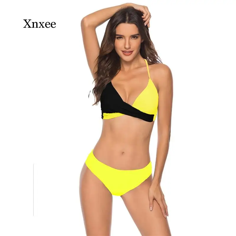 

2021 Plus Size Print Cross Patchwork Bathing Two Piece Suit Women Sexy Push Up Female Swimsuit Separate Bathers Swimming Bikini