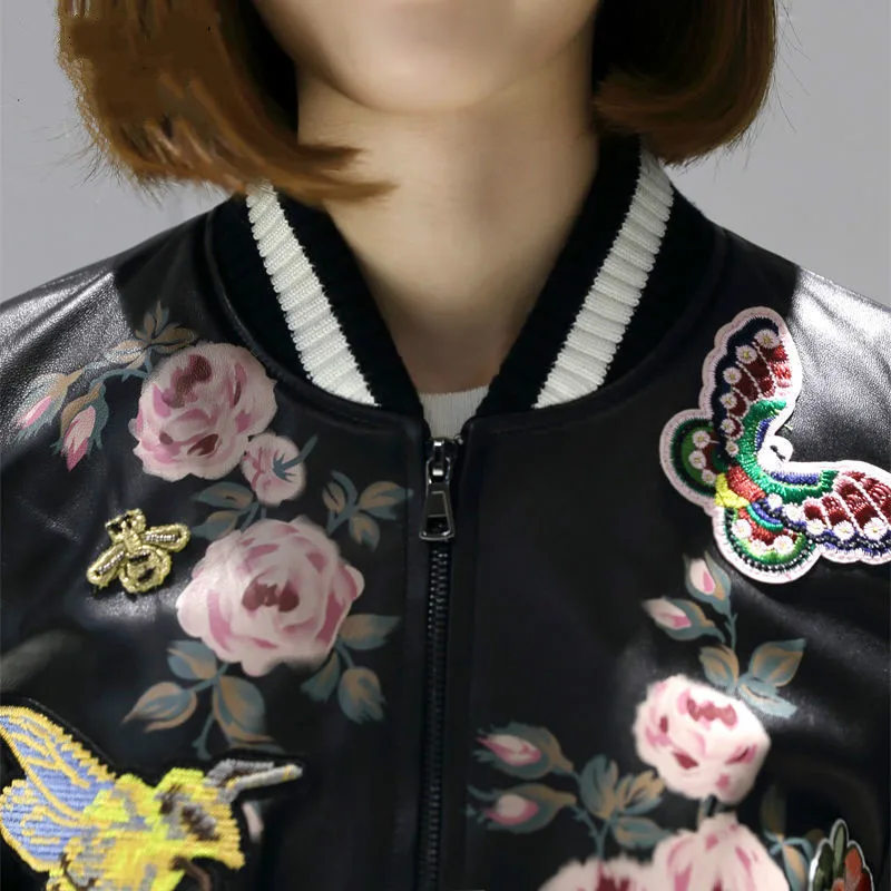 

Autumn and Winter New Fashion Embroidered Jacket Printing Short Loose Baseball Uniform Leather Jacket Women