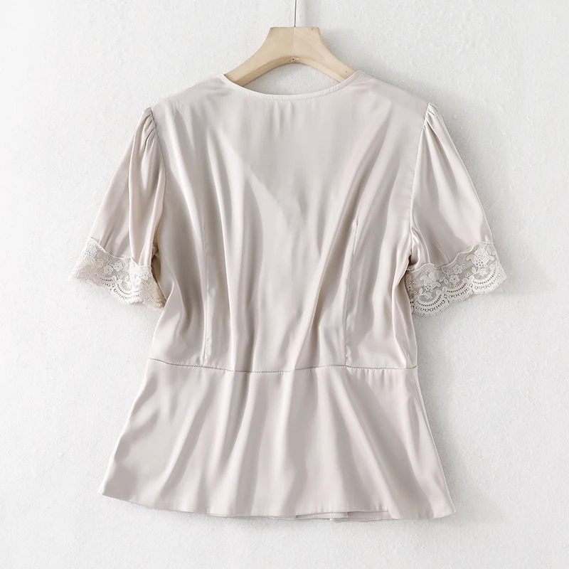 

Shirt Women 2021 New Summer Products Fashion Solid Color V-Neck Short Sleeve Single Breasted Cardigan Lace Neckline And Cuffs