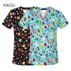 Хлопковые летние женские тонкие топы с V-образным вырезом, топы для медсестер с милым мультяшным принтом, скрабы, женские футболки, Высококачественная рабочая одежда для врачей для домашних животных