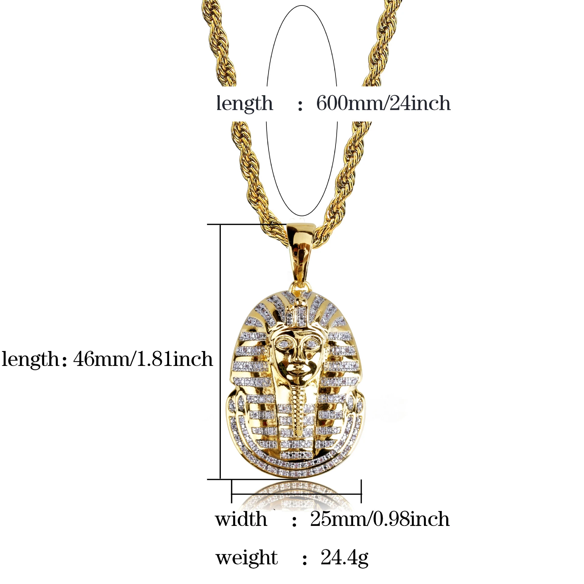 

High-Quality Hip Hop Iced Out Egyptian Pharaoh Pendant & Necklaces Gold Silver Color Long Link Chains For Men Jewelry
