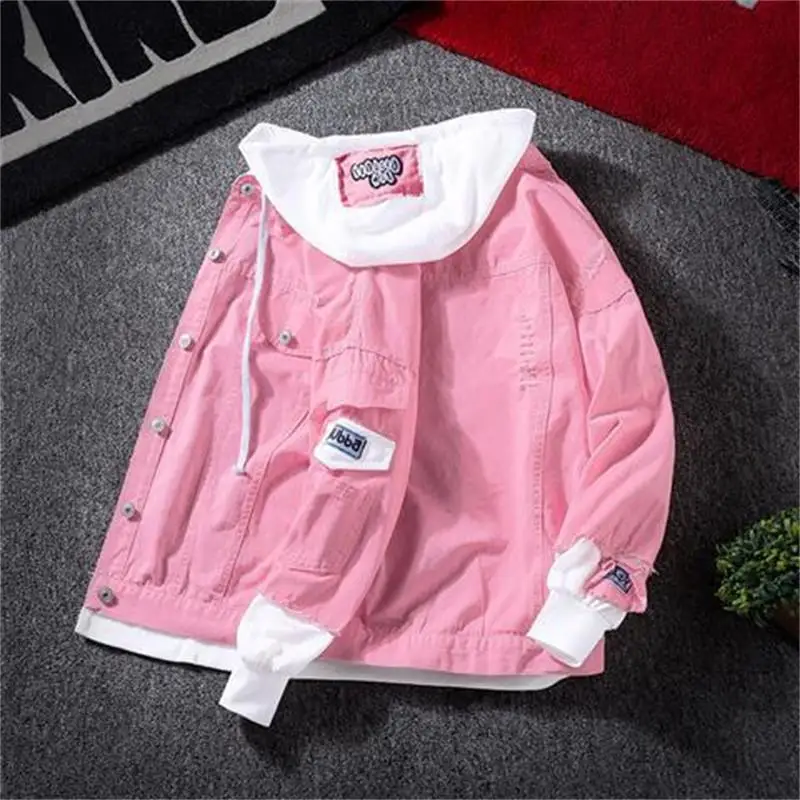Женская джинсовая куртка с капюшоном модная Свободная Повседневная розовая в