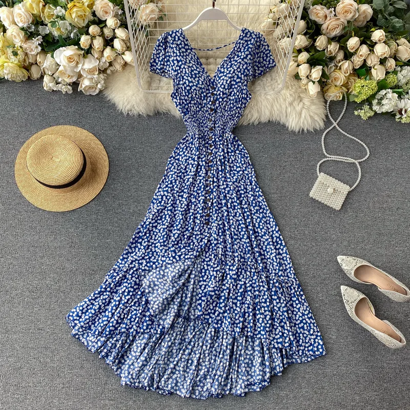 Женское летнее платье макси с цветочным принтом богемное асимметричное рюшами и