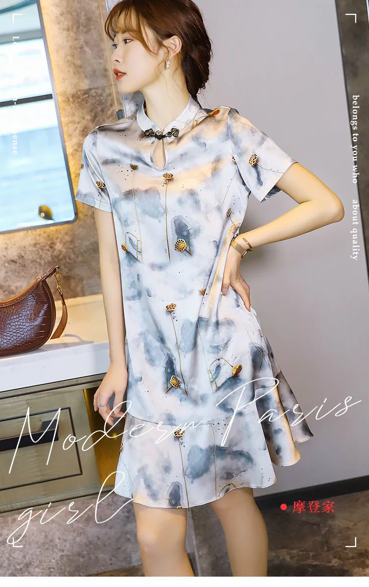 

printed Charm silk cheongsam improved dress women's summer short-sleeved buckle ruffled fashion