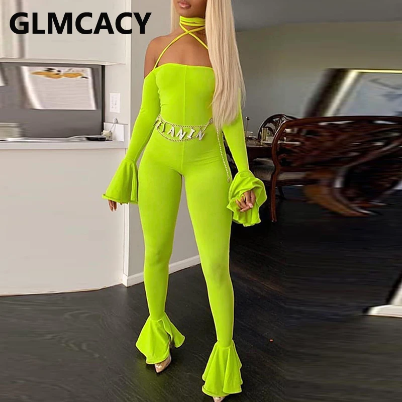 

Women Flare Sleeve Off Shoulder Jumpsuit Slim Solid Bodycon Flare Pants Overalls