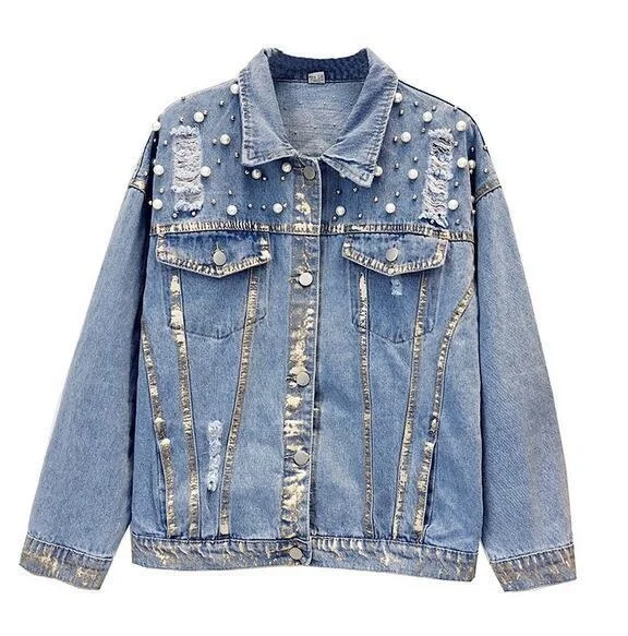 

Women horse Sequin embroidery Denim jacket pearl denim jacket coat outwear