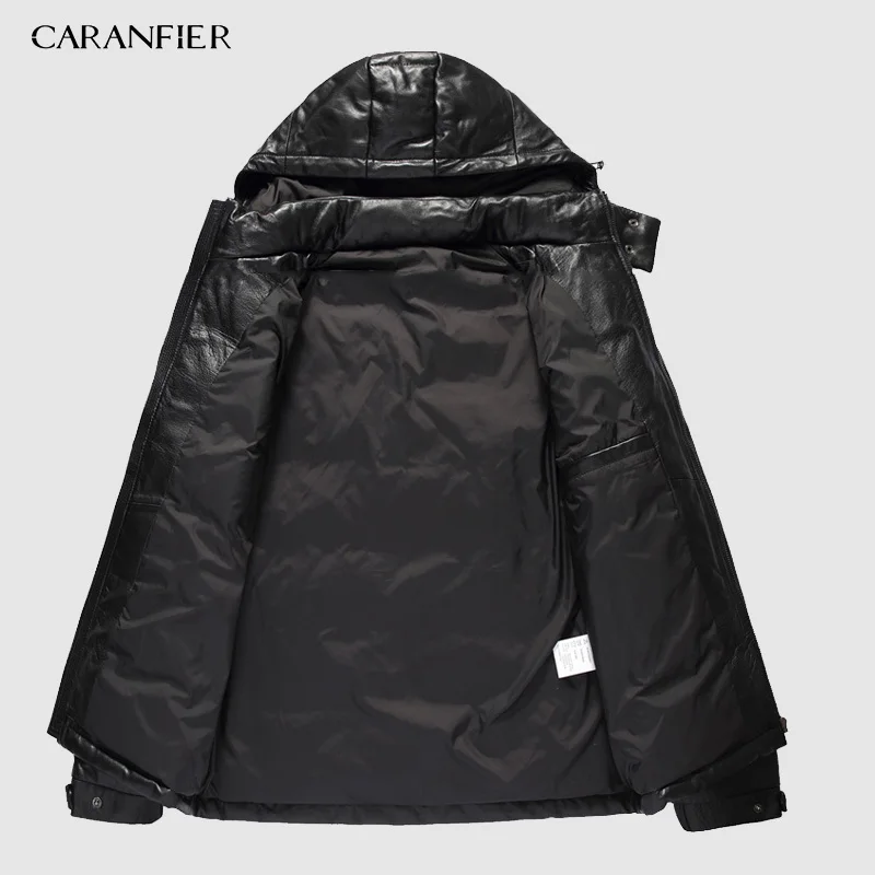 CARANFIER Mens Winter Warm Black Genuine Leather Real Lambskin Duck Down Hooded Jackets Coats Jaqueta De Couro Deri Ceket