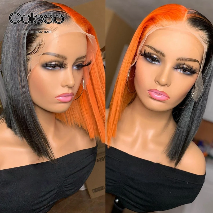 13X4 цветной бразильский полусиний полуоранжевый парик Remy с Омбре на сетке спереди