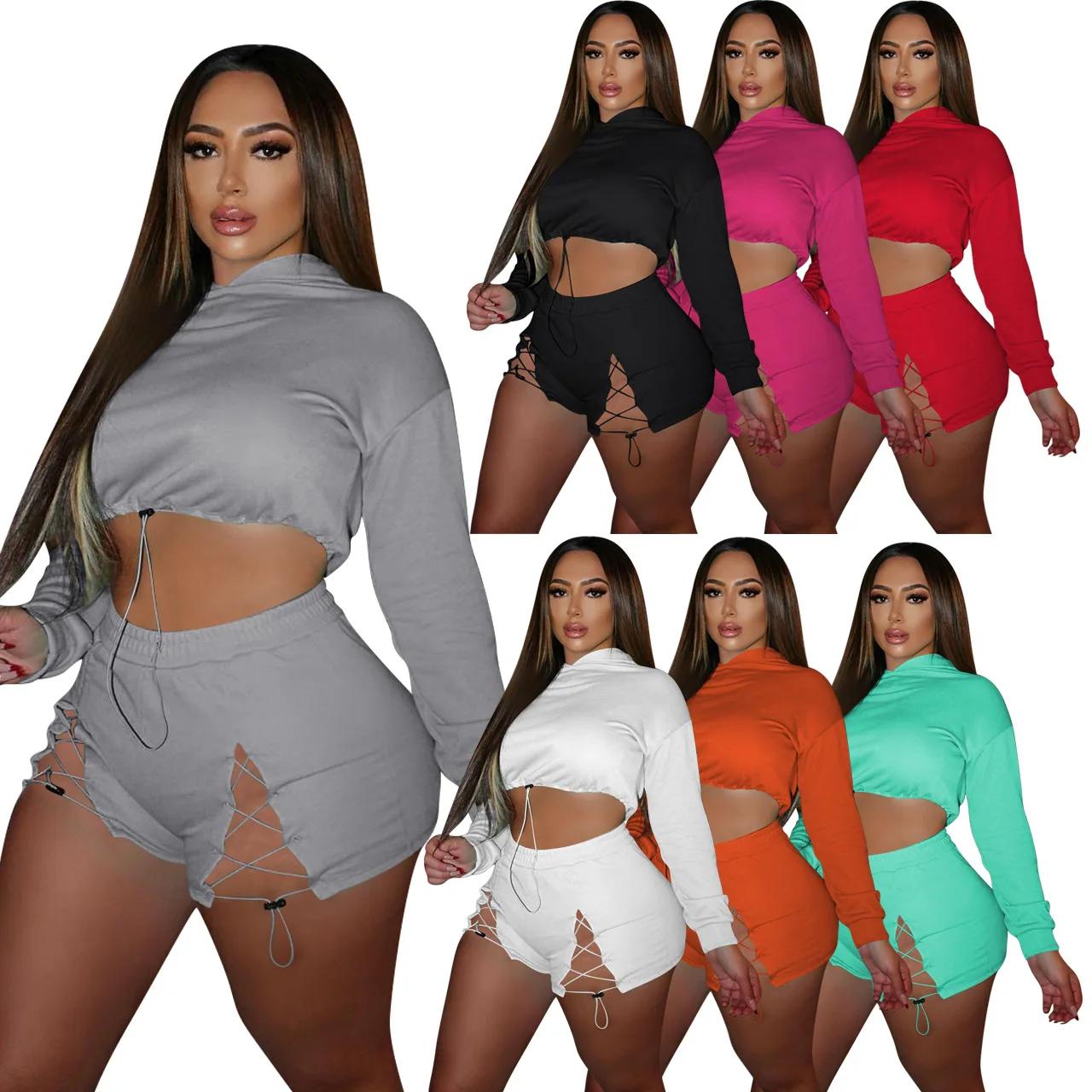 

2021 Autumn Streetwear 2 Two Piece Sets Women Solid Color Hooded Crop Top Bandage Shorts Set Grey Black Casual Tracksuit