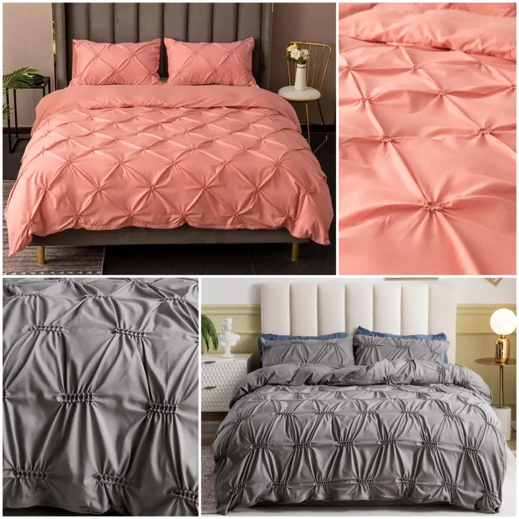 

New Cheap Pure Colors Pinch Pleat Geometry 3d Duvet Cover Set Standard Queen King Bedding Sets Cheap Polyester Cozy Bedroom Sets