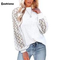 cashiona womens fashion top clothing hollow long sleeved patchwork lace t shirt 2021 autumn casual loose basic tees shirt femme