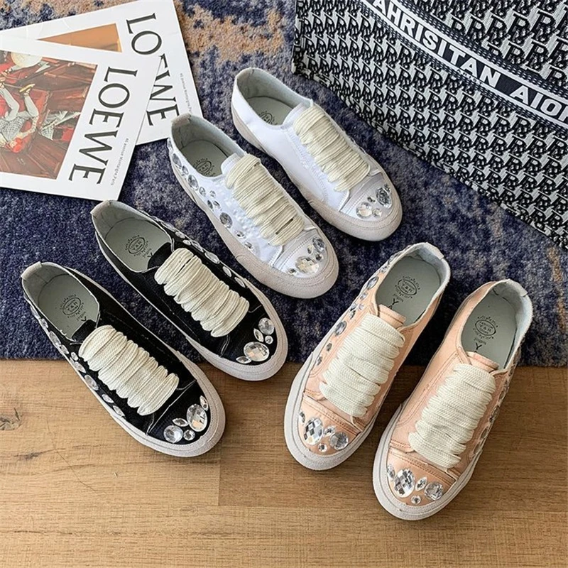 

2020 Rhinestone color matching leisure sneakers Women Shoes round toe lace-up student fashion cozy Flats zapatos para mujer
