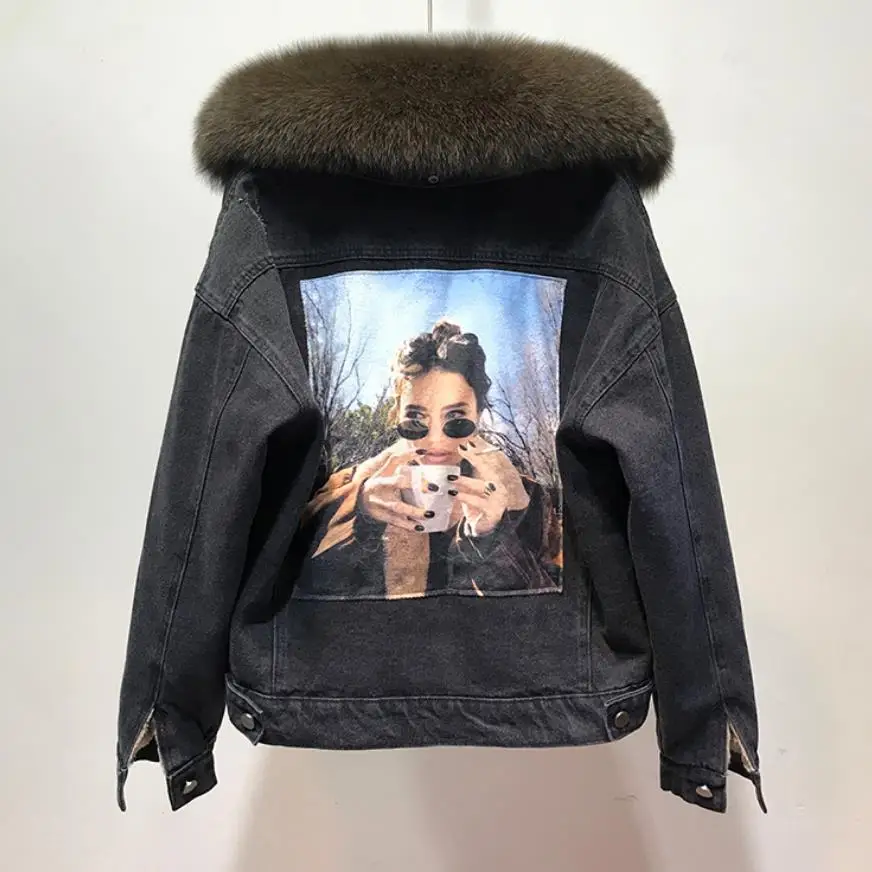 Зимняя модная теплая джинсовая куртка из натурального меха лисы + с подкладкой