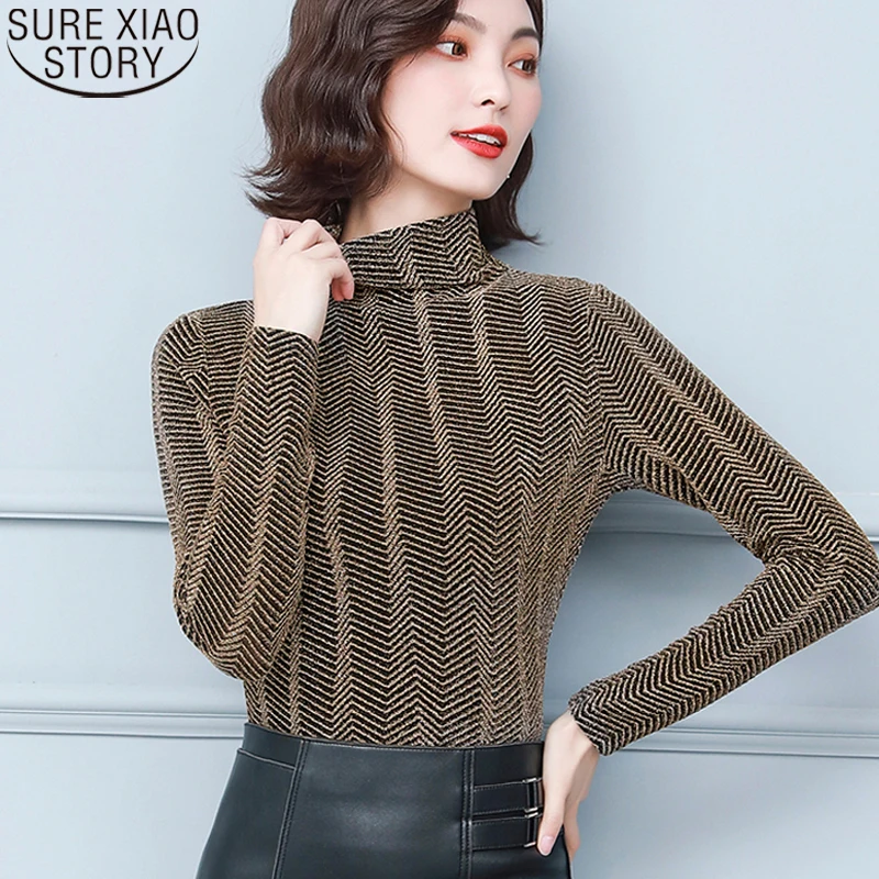 

Элегантная полосатая эластичная модная яркая сетчатая рубашка, женские топы, приталенная рубашка с полувысоким воротником, осенняя Новая б...