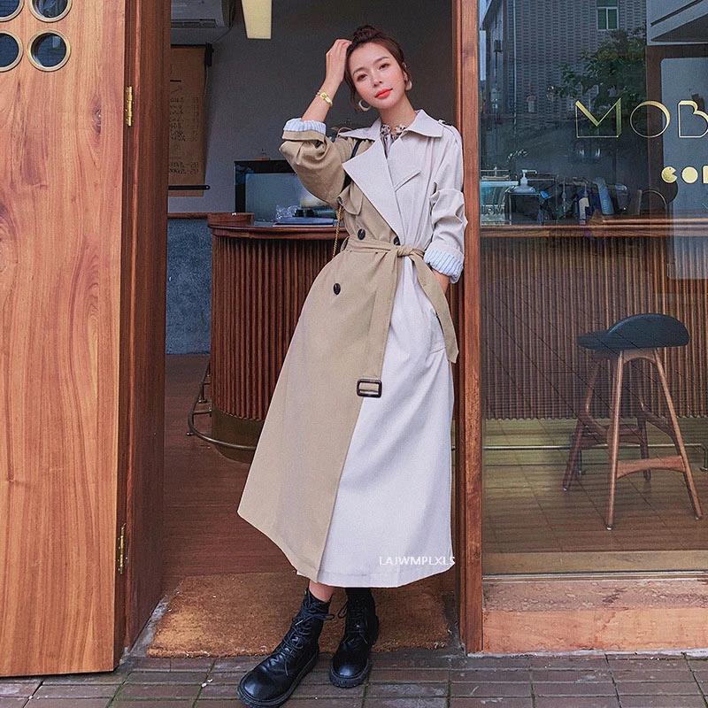 Женский плащ с поясом длинный двубортный свободного покроя весна-осень F33 2021 |