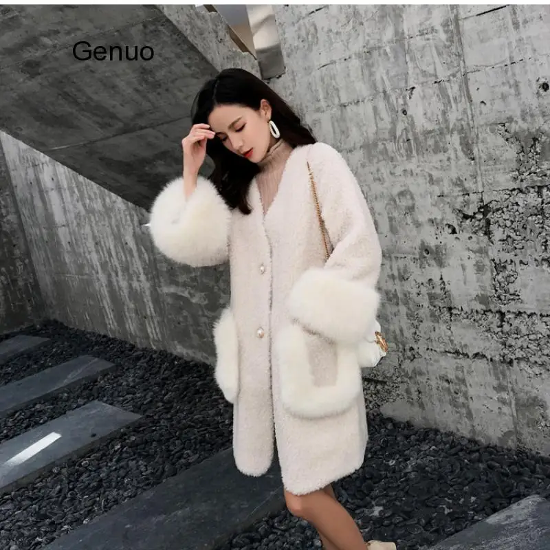 2020 Spring Women Solid Faux Fur Coats Lady Pockets Single Breastes Outwear Outerwear Female V-Neck Fur Jacket