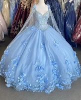 2022 quinceanera dresses blue tulle ball gown sexy v neck with cap beaded sequins floral girls corset dress for sweet 16 party