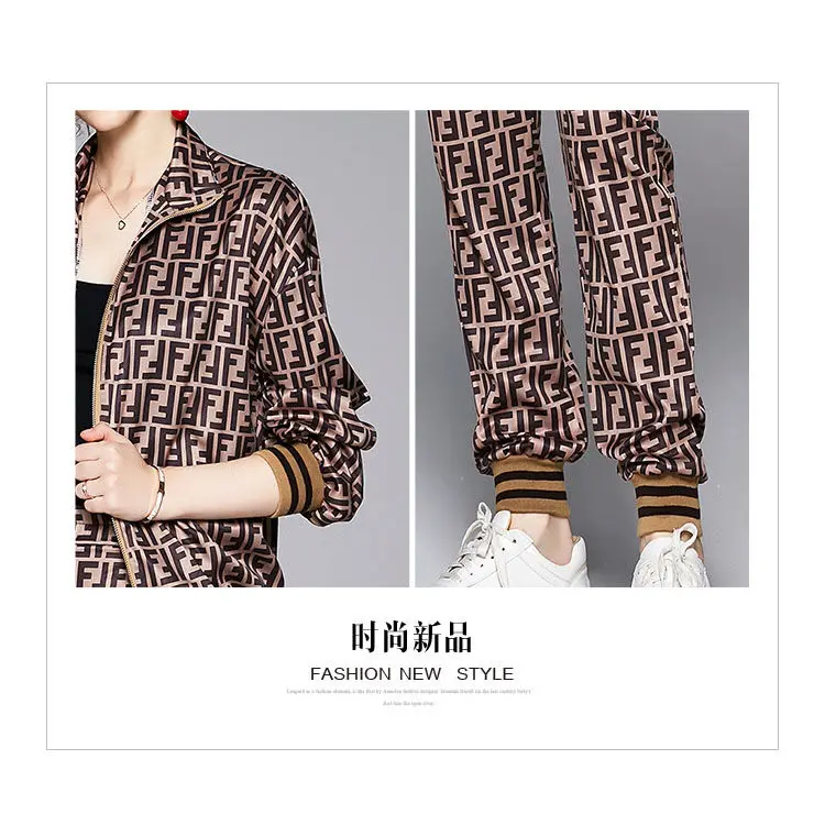 

2021 new Elegant Sports and Leisure Suit 2021 Autumn New Stand Collar Baseball Uniform Coat Skinny Pants Printed Two-Piece Suit