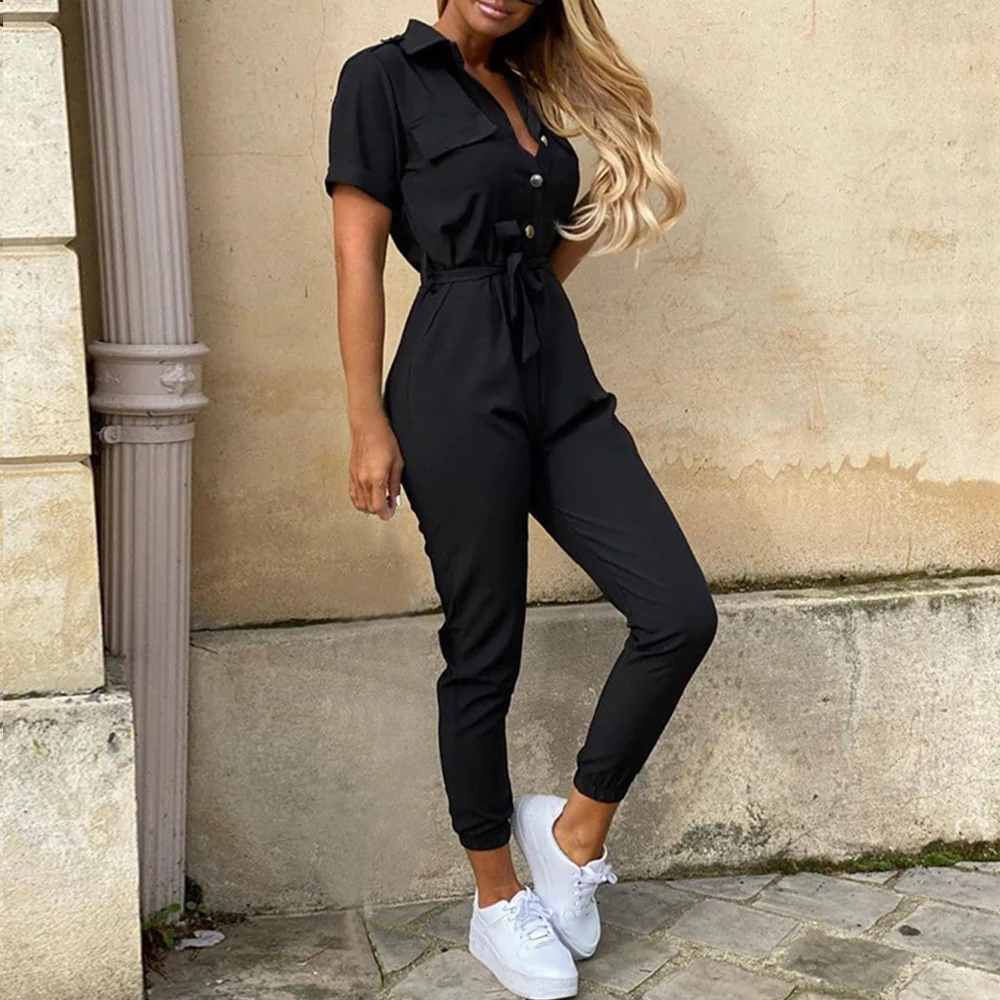 Однотонный женский короткий комбинезон летний с пуговицами Женский