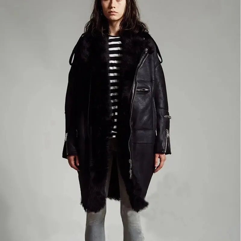 Женское пальто из овечьей шкуры длинная теплая и толстая верхняя одежда шерсти