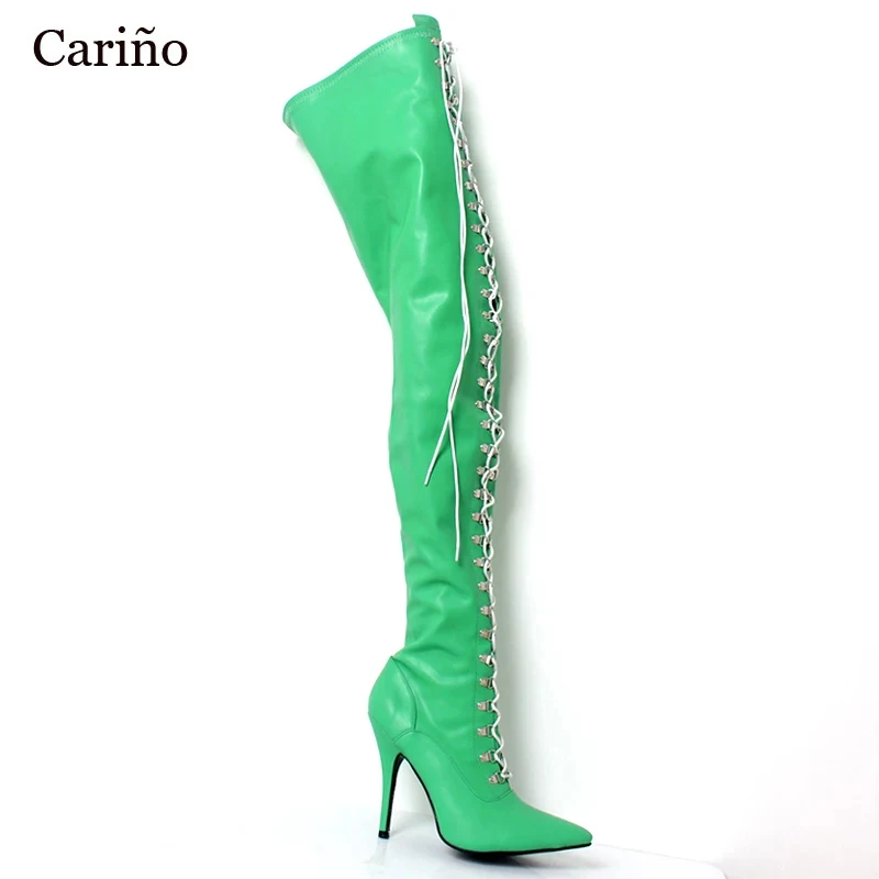 

Размера плюс Сапоги выше колен (ботфорты) Фетиш из искусственной матовой кожи; Обувь с острым носком на шнуровке с заниженным шаговым швом ...