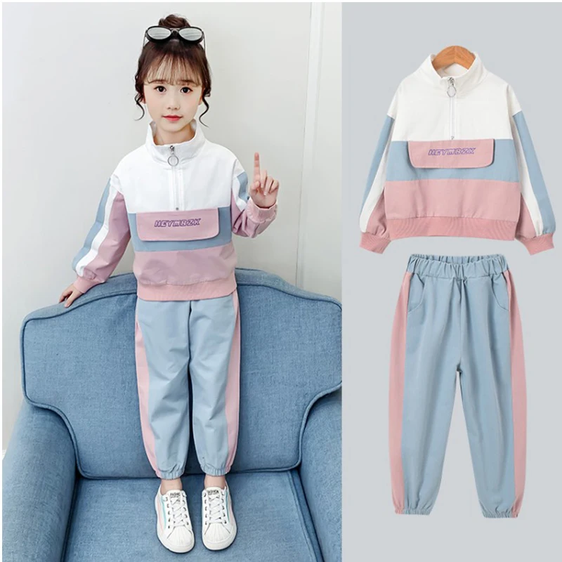 

Girls hip-hop pink seven-point shirt sweatshirt 2-piece set children's sports jogging pants suit kids youth trend suit