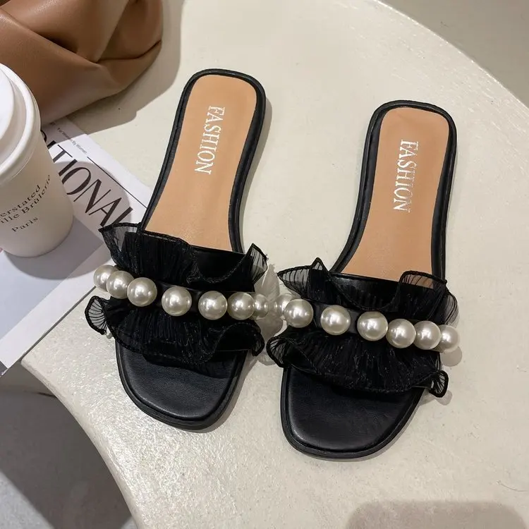 

Shoes Woman's Slippers String Bead Slides Low Fashion 2021 Summer Flat Luxury Basic Rubber Hoof Heels Fabric Rome PU Shoes Ladie